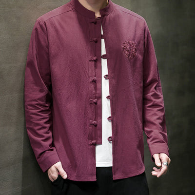Buddha Stones Spring Fall Tang Style Casual Frog Button Embroidery Solid Men's Long Sleeve Shirts - image 2