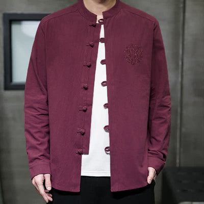 Buddha Stones Spring Fall Tang Style Casual Frog Button Embroidery Solid Men's Long Sleeve Shirts - image 3