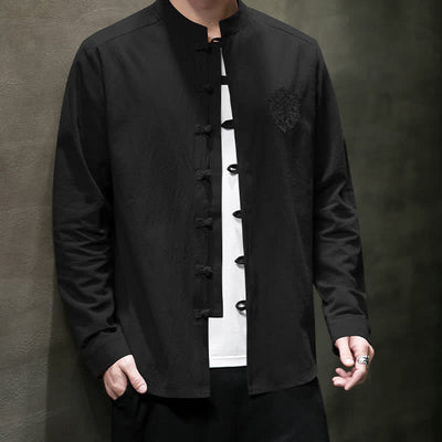 Buddha Stones Spring Fall Tang Style Casual Frog Button Embroidery Solid Men's Long Sleeve Shirts - image 13