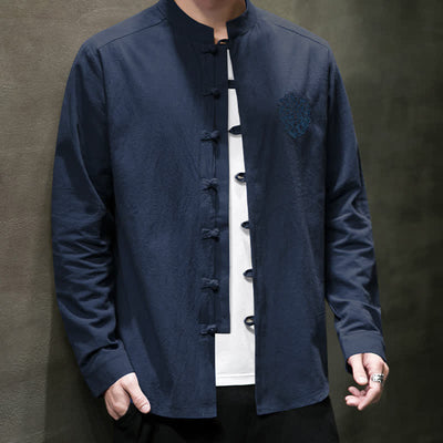Buddha Stones Spring Fall Tang Style Casual Frog Button Embroidery Solid Men's Long Sleeve Shirts - image 18