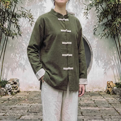 Buddha Stones Spring Fall Tang Style Minimalist Mandarin Collar Frog Button Solid Cotton Women's Long Sleeve Shirts - DarkOliveGreen - US16，UK/AU20，EU48 (5XL) - image 10