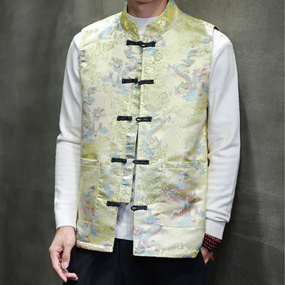 Buddha Stones Fall Winter Tang Style Mandarin Collar Dragon Phoenix Tank Top Men's Vest With Pockets - LightGoldenrodYellow - US/UK/AU46, EU56 (5XL) - image 0