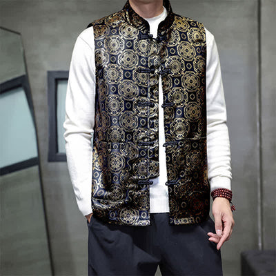 Buddha Stones Fall Winter Tang Style Mandarin Collar Dragon Phoenix Tank Top Men's Vest With Pockets - image 15