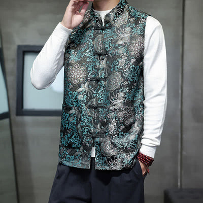 Buddha Stones Fall Winter Tang Style Mandarin Collar Dragon Phoenix Tank Top Men's Vest With Pockets - image 22