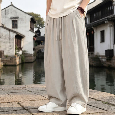 Buddha Stones Spring Summer Retro Simple Drawstring Solid Ankle Pants Men's Straight Leg Pants With Pocket - image 8