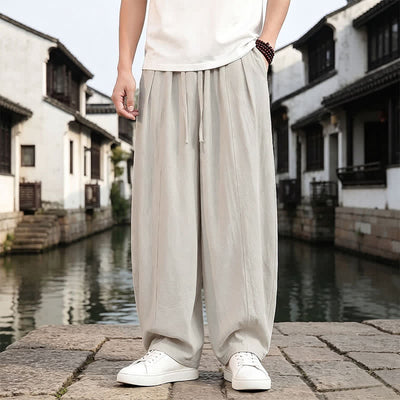 Buddha Stones Spring Summer Retro Simple Drawstring Solid Ankle Pants Men's Straight Leg Pants With Pocket - Linen - US/UK/AU46, EU56 (5XL) - image 6