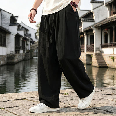 Buddha Stones Spring Summer Retro Simple Drawstring Solid Ankle Pants Men's Straight Leg Pants With Pocket - image 5