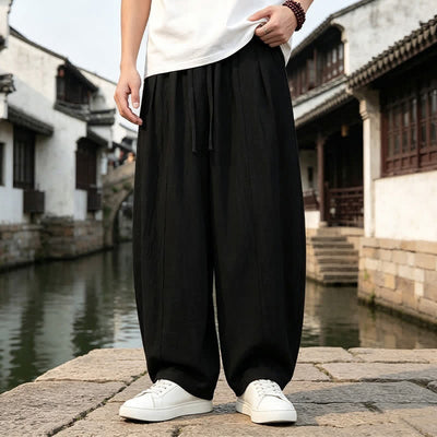 Buddha Stones Spring Summer Retro Simple Drawstring Solid Ankle Pants Men's Straight Leg Pants With Pocket - Black - US/UK/AU46, EU56 (5XL) - image 3
