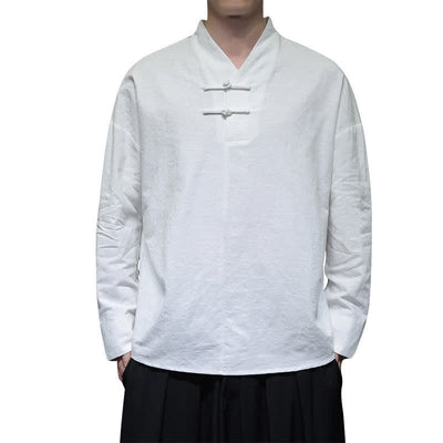 Buddha Stones Spring Tang Style Vintage Mandarin Collar Frog Button Solid Men's Long Sleeve Shirts - image 23