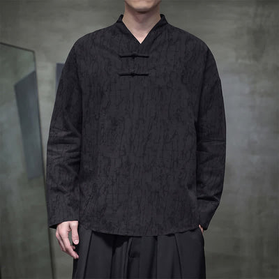 Buddha Stones Spring Tang Style Vintage Mandarin Collar Frog Button Solid Men's Long Sleeve Shirts - Black - US/UK/AU46, EU56 (5XL) - image 12