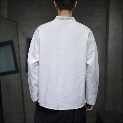 Buddha Stones Spring Tang Style Vintage Mandarin Collar Frog Button Solid Men's Long Sleeve Shirts - image 22