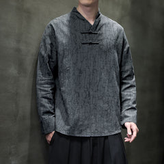 Buddha Stones Spring Tang Style Vintage Mandarin Collar Frog Button Solid Men's Long Sleeve Shirts - SlateGray - US/UK/AU46, EU56 (5XL) - image 0