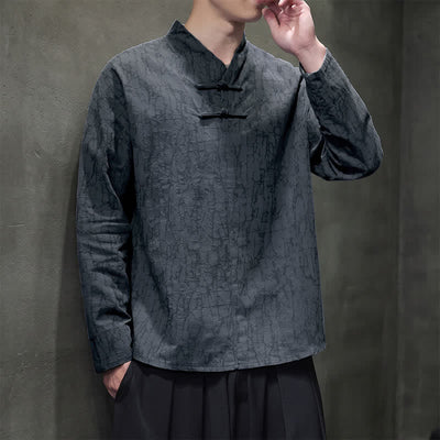 Buddha Stones Spring Tang Style Vintage Mandarin Collar Frog Button Solid Men's Long Sleeve Shirts - image 1