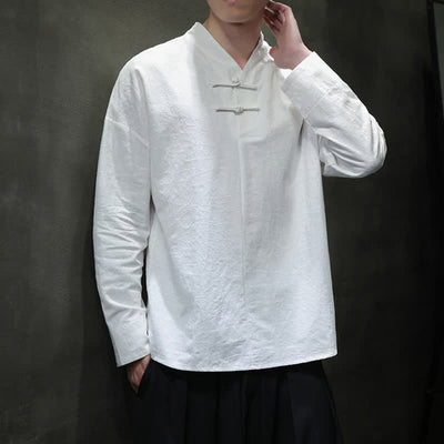 Buddha Stones Spring Tang Style Vintage Mandarin Collar Frog Button Solid Men's Long Sleeve Shirts - image 19