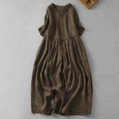 Buddha Stones Spring Summer Minimalist Elegant Solid V-Neck Women's Short Sleeve Dress With Pocket - SaddleBrown - US14, UK/AU18, EU46 (2XL) - image 0