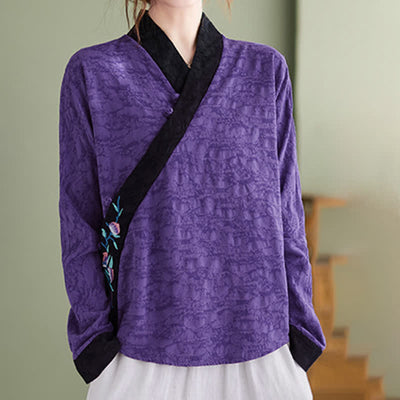 Buddha Stones Spring Fall Elegant Tang Style Embroidery Floral Women's Long Sleeve Shirts - RebeccaPurple - US8-10, UK/AU12-14, EU40-42 (2XL) - image 5