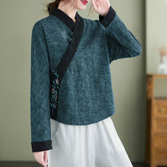 Buddha Stones Spring Fall Elegant Tang Style Embroidery Floral Women's Long Sleeve Shirts - Teal - US8-10, UK/AU12-14, EU40-42 (2XL) - image 0