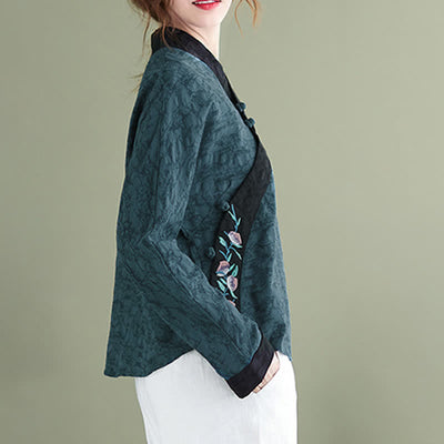 Buddha Stones Spring Fall Elegant Tang Style Embroidery Floral Women's Long Sleeve Shirts - image 3