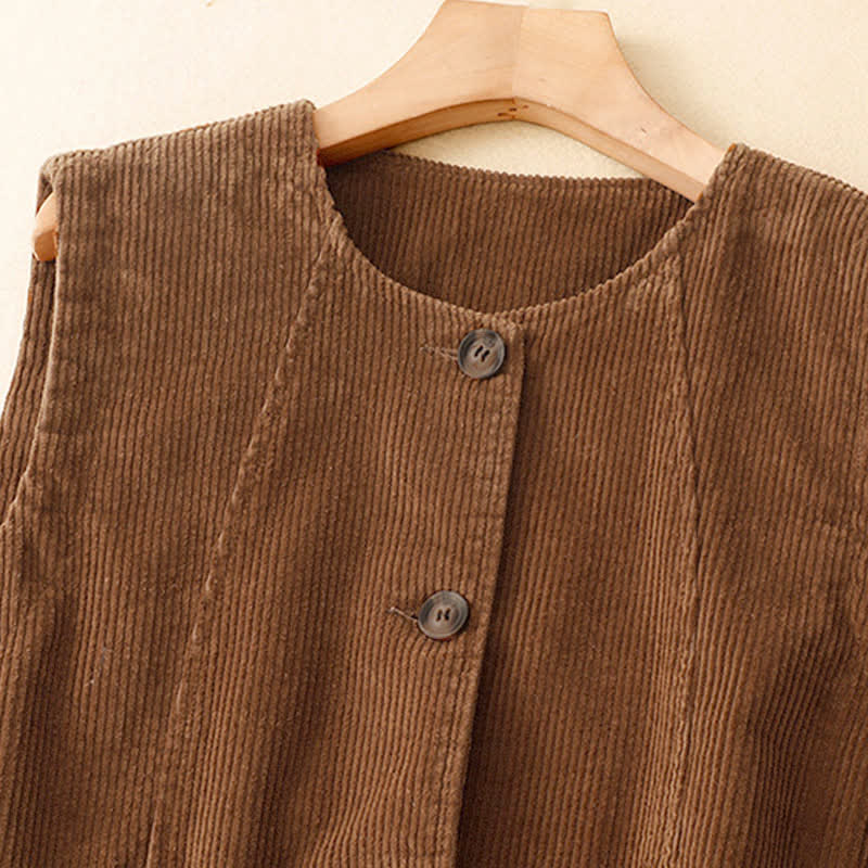 Buddha Stones Fall Winter Casual Vintage Button-Up Solid Corduroy Tank Top Women's Vest With Pockets - image 2