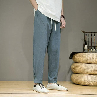 Buddha Stones Spring Summer Casual Minimalist Drawstring Solid Cropped Pants Men's Tapered Pants With Pockets - image 5