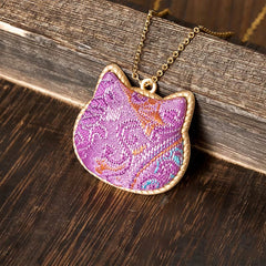 Buddha Stones Chinese Song Brocade Cat Head Copper Harmonic Connection Necklace - Light Pink(Same Color Tone – Pattern Varies) - image 0