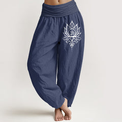 Buddha Stones Pure Cotton White Lotus Om Pattern Women's Elastic Waist Harem Pants - DarkSlateBlue - US16，UK/AU20，EU48 (3XL) - image 0