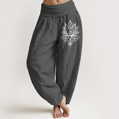 Buddha Stones Pure Cotton White Lotus Om Pattern Women's Elastic Waist Harem Pants - DimGray - US16，UK/AU20，EU48 (3XL) - image 8