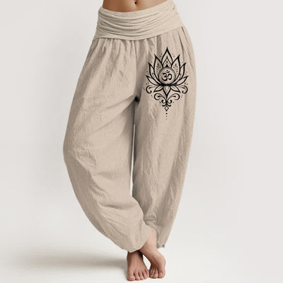 Buddha Stones Pure Cotton White Lotus Om Pattern Women's Elastic Waist Harem Pants - Tan - US16，UK/AU20，EU48 (3XL) - image 11
