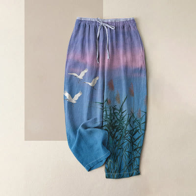 Buddha Stones Pure Cotton Bamboo Crane Pattern Women's Elastic Waist Pants With Pockets - CornflowerBlue - US16，UK/AU20，EU48 (3XL) - image 0