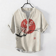 Buddha Stones Cotton Ink Plum Blossom Sun Pattern Men's Short Sleeve Half Button Shirt - Linen - US/UK/AU50，EU60 (5XL) - image 0