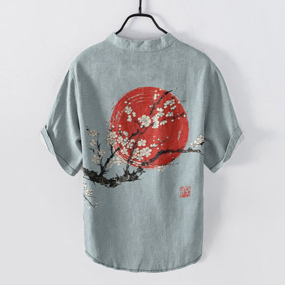 Buddha Stones Cotton Ink Plum Blossom Sun Pattern Men's Short Sleeve Half Button Shirt - image 6