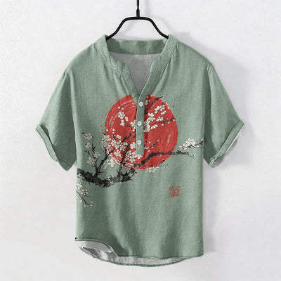 Buddha Stones Cotton Ink Plum Blossom Sun Pattern Men's Short Sleeve Half Button Shirt - DarkSeaGreen - US/UK/AU50，EU60 (5XL) - image 7