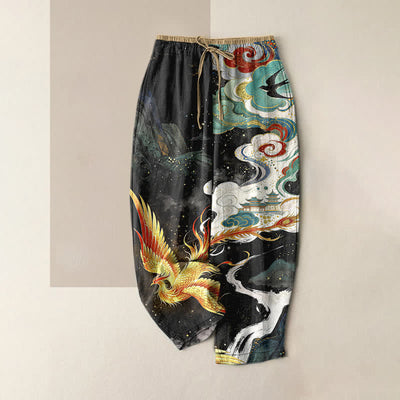 Buddha Stones Pure Cotton Elegant Phoenix Cloud Pattern Women's Elastic Waist Pants With Pockets - Black - US16，UK/AU20，EU48 (3XL) - image 0