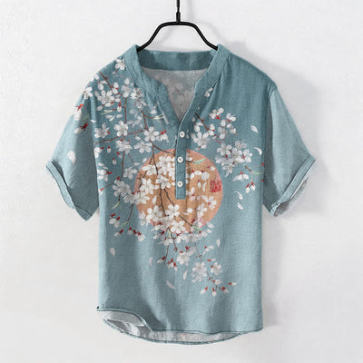 Buddha Stones Cotton Sakura Branch Sun Pattern Men's Short Sleeve Half Button Shirt - CadetBlue - US/UK/AU50，EU60 (5XL) - image 5