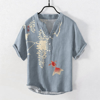 Buddha Stones Cotton Koi Fish Floral Vine Pattern Men's Short Sleeve Half Button Shirt - LightBlue - US/UK/AU50，EU60 (5XL) - image 0