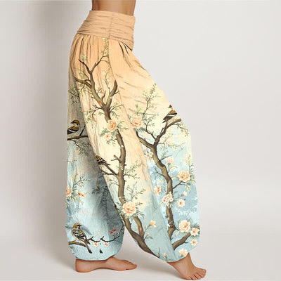 Buddha Stones Cotton Oriental Blossom Bird Branch Pattern Women's Elastic Waist Harem Pants - image 6