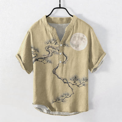 Buddha Stones Cotton Ink Moon Pine Pattern Men's Short Sleeve Half Button Shirt - Khaki - US/UK/AU50，EU60 (5XL) - image 5