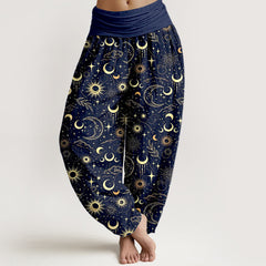 Buddha Stones Cotton Moon Sun Stars Pattern Women's Elastic Waist Harem Pants - Navy - US16，UK/AU20，EU48 (3XL) - image 0