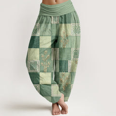Buddha Stones Cotton Bamboo Patchwork Pattern Women's Elastic Waist Harem Pants - LightGreen - US16，UK/AU20，EU48 (3XL) - image 0