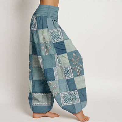 Buddha Stones Cotton Bamboo Patchwork Pattern Women's Elastic Waist Harem Pants - image 9