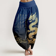 Buddha Stones Cotton Golden Dragon Cloud Pattern Women's Elastic Waist Harem Pants - Navy - US16，UK/AU20，EU48 (3XL) - image 0