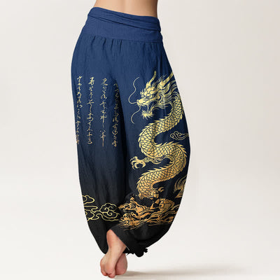 Buddha Stones Cotton Golden Dragon Cloud Pattern Women's Elastic Waist Harem Pants - image 2