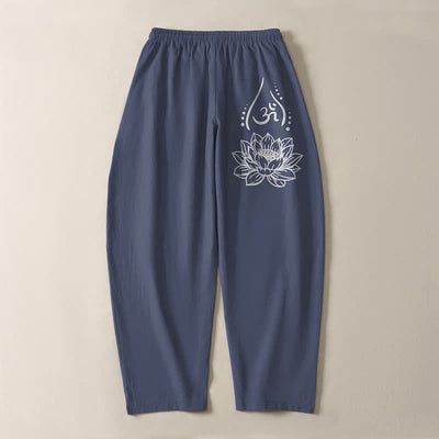 Buddha Stones Pure Cotton Sacred Lotus Om Pattern Drawstring Men's Tapered Pants With Pockets - image 3