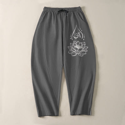 Buddha Stones Pure Cotton Sacred Lotus Om Pattern Drawstring Men's Tapered Pants With Pockets - image 9