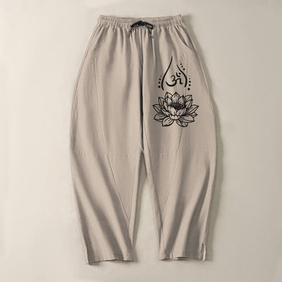Buddha Stones Pure Cotton Sacred Lotus Om Pattern Drawstring Men's Tapered Pants With Pockets - image 13