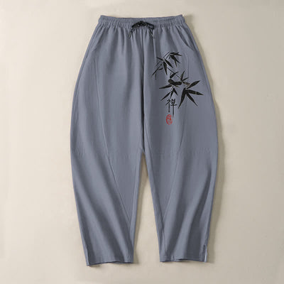 Buddha Stones Pure Cotton Zen Bamboo Leaf Pattern Drawstring Men's Tapered Pants With Pockets - image 2