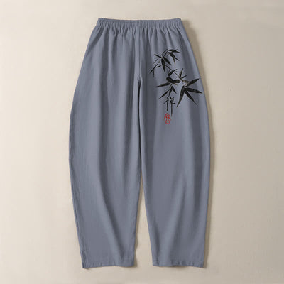 Buddha Stones Pure Cotton Zen Bamboo Leaf Pattern Drawstring Men's Tapered Pants With Pockets - image 3