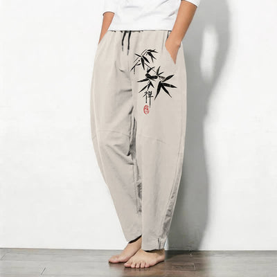 Buddha Stones Pure Cotton Zen Bamboo Leaf Pattern Drawstring Men's Tapered Pants With Pockets - image 12