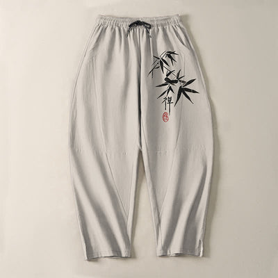 Buddha Stones Pure Cotton Zen Bamboo Leaf Pattern Drawstring Men's Tapered Pants With Pockets - image 13