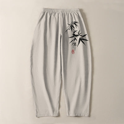 Buddha Stones Pure Cotton Zen Bamboo Leaf Pattern Drawstring Men's Tapered Pants With Pockets - image 14